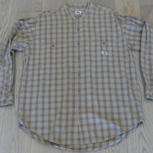 Calvin Klein Jeans Vintage Checkered Beige Large Button Down Shirt - Picture 1 of 7